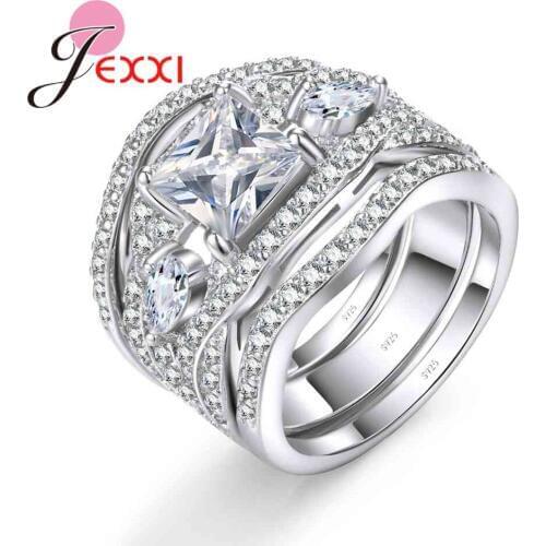 Real 925 Pure Sterling Silver Crystal Romantic Square Shape Pattern Rings For Women Female Best Wedding Gifts Design Items