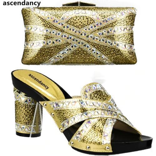Latest Gold Color African Matching Shoes and Bags Italian In Women Matching Italian Shoe and Bag Set Gold Italian Shoe Bag Set