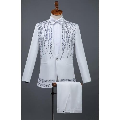 100%real mens black/white chinese style rhinestone performance jacket/party/dance/sing/stage performance/jacket &pants