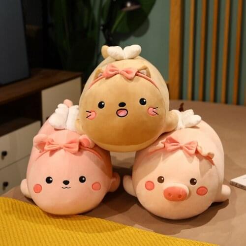 Fluffy Pig Rabbit Cat Kawaii Plush Pillows Soft Stuffed Animals Toys with Bow-knot Wings Cute Kids Dolls Bed Room Decor Cushions