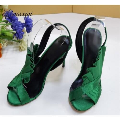 Luxury Satin Ruffles Open Toe Sandals For Girls 10cm Thin High Heels Side Cut Out Summer Sandalias De Mujer
