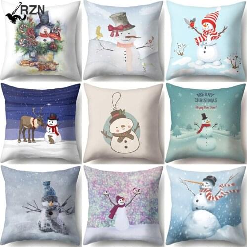 RZN Christmas Snowman Printed Sofa Decorative Cushion Cover Pillow Pillowcase Polyester Throw Pillow Home Decor Pillowcover