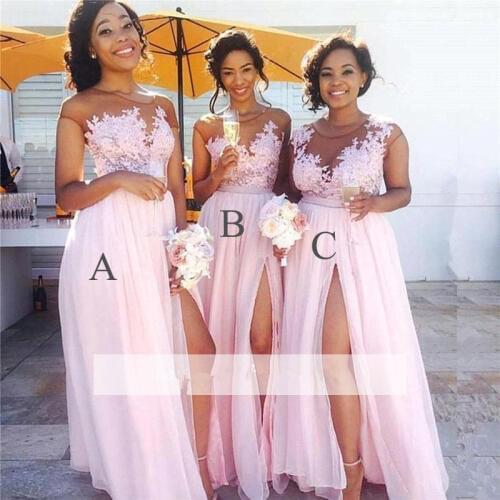Pink Cheap Bridesmaid Dresses Under 50 A-line Cap Sleeves Chiffon Lace Slit Long Wedding Party Dresses For Women