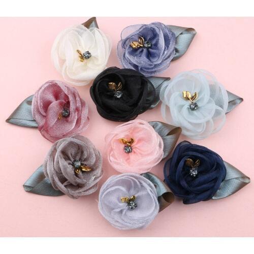 Handmade Organza Chiffon Rhinestone Core Flowers with Ribbon Leaf Girls Hair Jewelry Bow Center Headband DIY Sticker Patch 2pcs