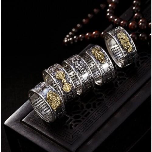 S990 Pure Silver Cymbal Six Characters Mantra King Kong Pestle Guan Gong Heart Sutra Thai Dragon Silver Good Luck Man Rings