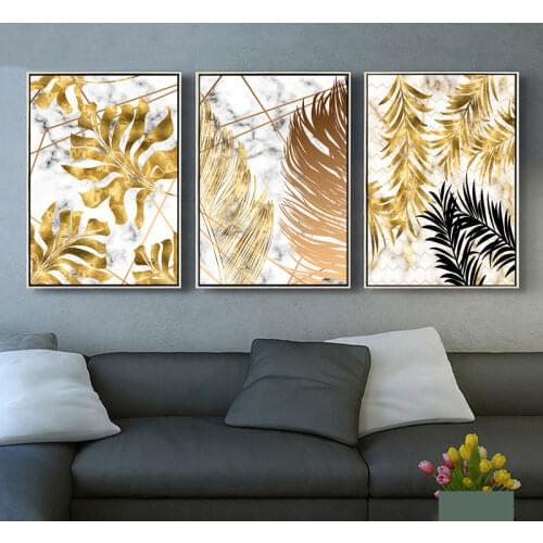 Nordic plants Golden leaf canvas painting posters and print wall art pictures for living room bedroom dinning room modern decor