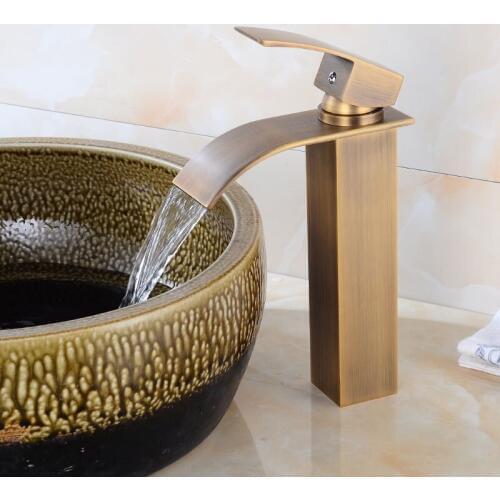 Waterfall Faucet Antique Bronze Bathroom Basin Faucet Brass Faucet Hot and Cold bathroom Sink Mixer Taps Lavatory Mixer