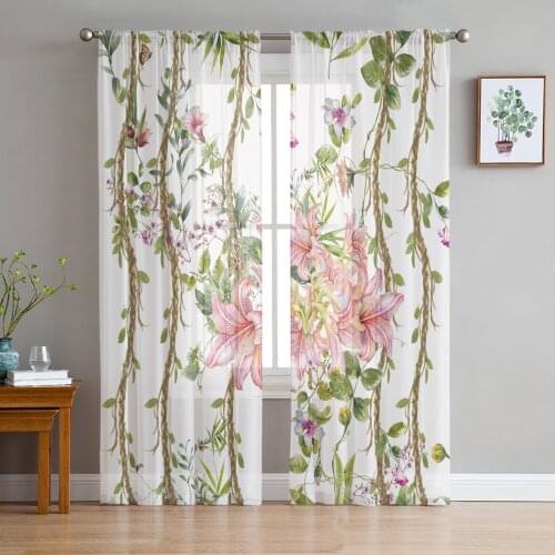 Tulle Curtains for Living Room Flower Vine Lily Pink Bedroom Study Window Sheer Curtains Kitchen Balcony Interior Voile Curtains