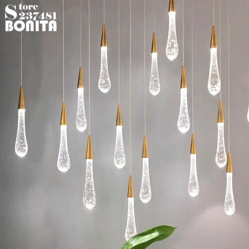 Led meteor shower small pendant lights Duplex staircase droplight loft Modern simplicity water Drop crystal cord pendant lamp