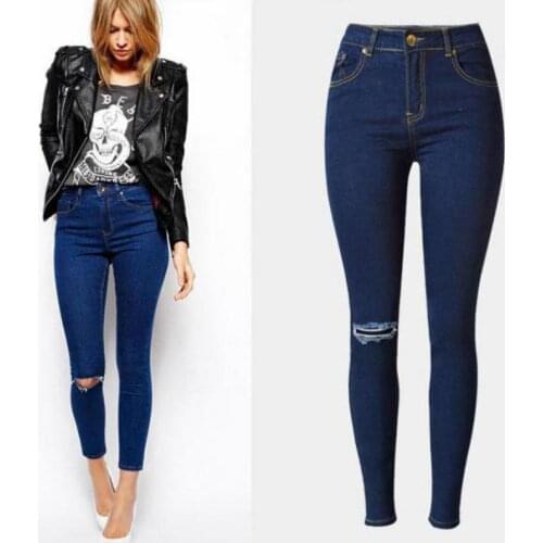 Dark Blue Ripped Jeans For Women 2021 Casual Style Sexy Hight Waist Trouser Stretch Skinny Denim Pencil Pants