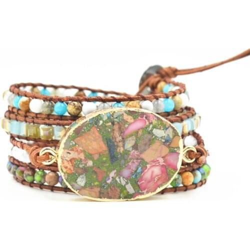 Boho Crytal Leather Wrap Bracelets Women Natural Stone Beaded Bracelet Charms Oval Multicolor Emperor Stone Halloween Christmas