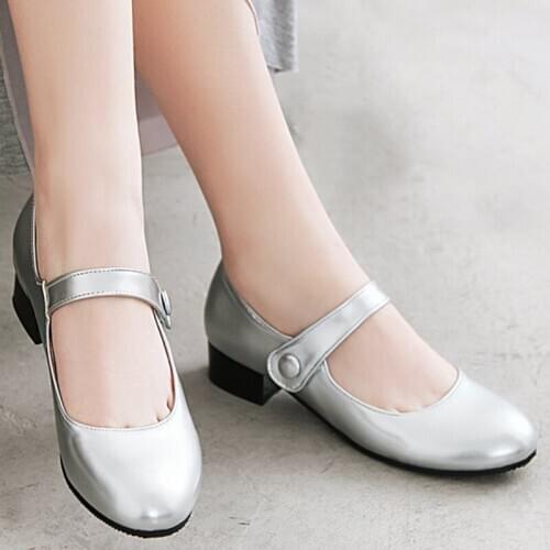 AGODOR silver black mary jane shoes for women block heels pumps patent low heel shoes woman big size 46 43 44 45