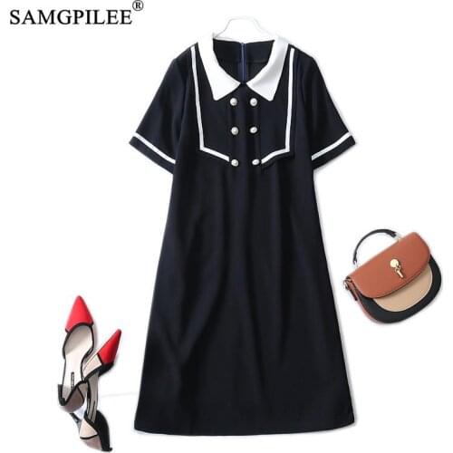 Summer Dree Woman 2021 New Korean Style Turn Down Collar Double-breasted Knee-length Short-sleeved Women Dresses Plus Size 4XL