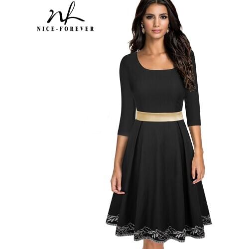 Nice-forever Winter Women Vintage Elegant Embroidery Patchwork Dresses Flare Swing Cocktail Party Dress A069