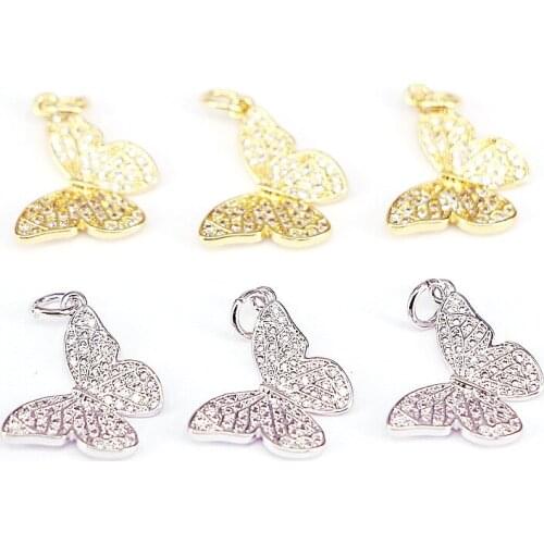 10Pcs, Gold / Silver Color Fashion Charms Crystal Butterfly Pendants Cubic Zirconia Insect Jewelry for Necklace