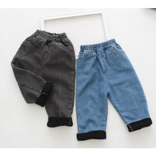 2019 girl boy winter jeans velvet inside baby kids thick jean pants children denim pant trousers