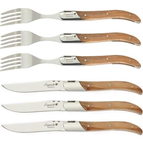 6pcs 8.7" Laguiole Tableware set Olive wood Handle Steak Knives Forks Stainless steel Wooden Dinnerware Dinner Knife Table Fork