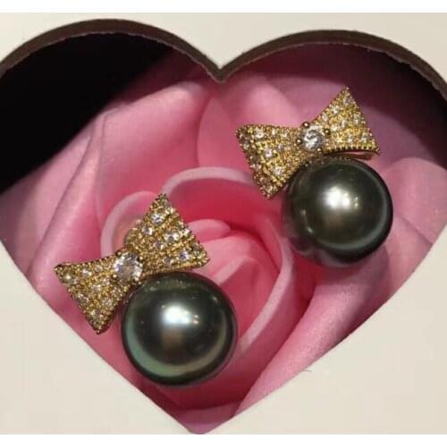 Free shipping luxury Noble jewelry new 11mm round Tahitian Pearl pearl Earring 925s