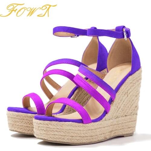 Purple High Wedges Heels Platform Ankle Wrap Buckle Strap Sandals Woman Large Size 11 16 Dress Fashion Ladies Shoes FOWT