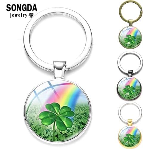 SONGDA Four Leaf Clover Series Keychain Cabochon Glass Different Pattern Pendants Keyring Beautiful Trinkets Best Friends Gifts
