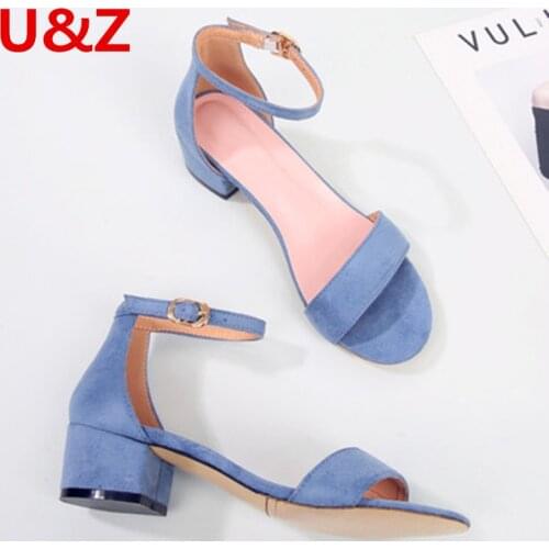 Elegant Suede leather women Sandals Square heels Blue/Apricot/Black,One Strap Buckle sandals 4cm Block heels shoes Comfy Shoes
