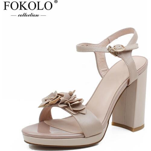 FOKOLO Sandals Women New Summer Genuine Leather Pointed Toe Ankle Strap Heels Women Fashion High Quality Sheepskin Handmade L17