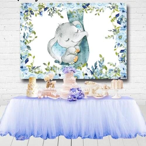 Elephant Baby Shower Backdrop For Photo Studio Blue Flowers Boys Newborn 1st Birthday Party Photograpy Backgrounds