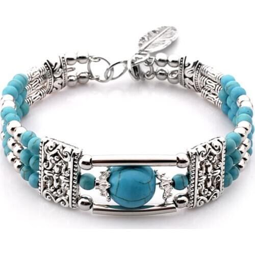 FYJS Unique Silver Plated Feather Connect Layer Green Turquoises Stone Bracelet Link Chain Jewelry
