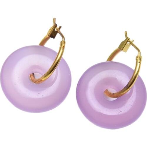GG Jewelry 20MM Round Ring Lavender Agate Chalcedony Snap Closure 14 KT Circle Hook Earrings For Women