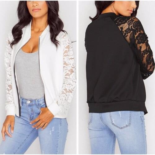 Lace Sleeve Women Basic Coats Long Sleeve Lace Patchwork Transparent Zipper Casual Slim Jacket Coat Bomber Jacket Outwear