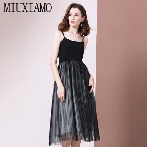 MIUXIMAO 2020 Summer Dress Runway Design Casual Dress Women Sleeveless Pleated Mesh Vintage Dress Women Vestido Black Dress