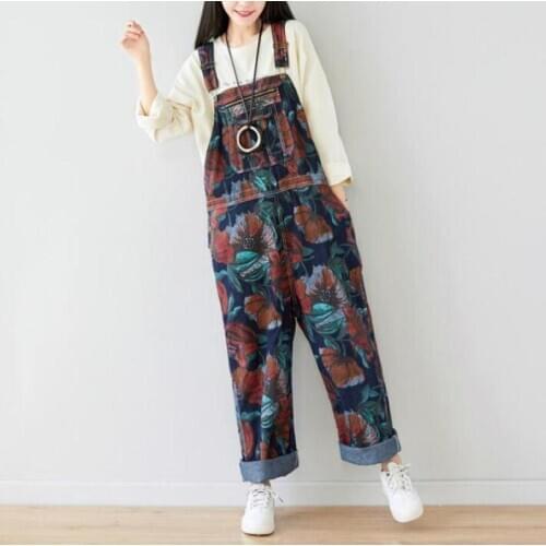 Summer New Literary Print Adjustable Denim Jumpsuits Retro Washed Low Crotch Wide-leg Denim Overalls