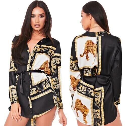 Fashion Sexy Lapel Long Sleeve Cardigan Print Split Long Blouse Women Stylish Street Trend Womens Shirt Dress Chemise Femme