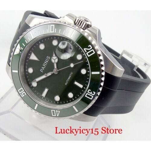 PARNIS Top Brand Green Self Winding Men Wristwatch Sapphire Glass Date Function Rubber Strap MIYOTA Movement