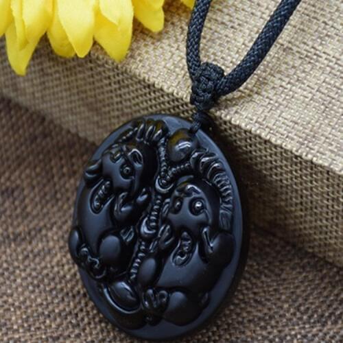 Natural Black Obsidian Pendant Carved Animal Double PIXIU Pendant Necklace Men Women Lovers Jades Jewelry