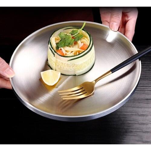 304 Stainless Steel Flat Plate European Breakfast Food Tray Double Metal Dinner Plate High-class Dessert Salad Dish Dinnerware