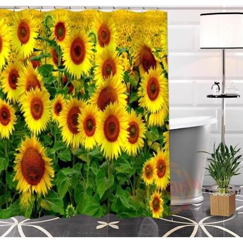 Custom Sunflowers Unique Popular Polyester Fabric Printing Shower Curtain 3D Waterproof With Hooks Bath Curtain For Bathroom