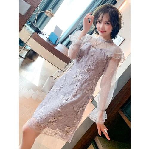 Romantic lace stitching mesh flared sleeve collar waist dress womens wear 2021 Spring new High Quality Top Quality