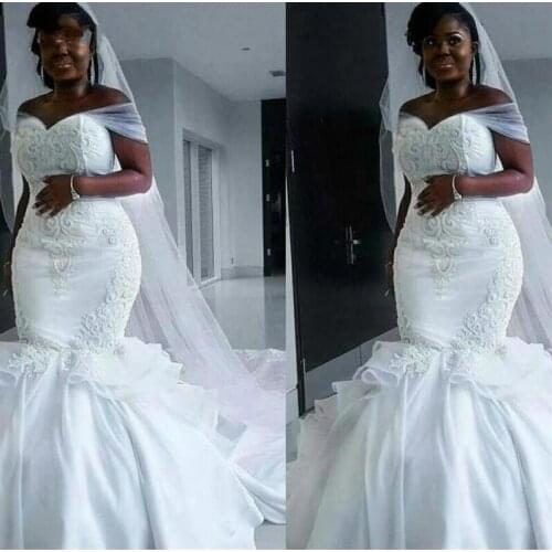 Mermaid Embroidery Long Wedding Dresses Off Shoulder Satin Bridal Gowns Indian vestido noiva Plus Size Wedding Dresss