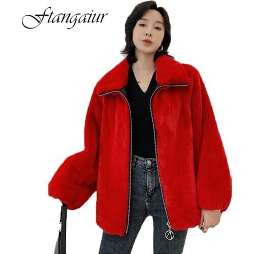 Ftangaiur 2020 NEW Winter Imported Velvet Mink Fur Coat Big Red Turn-Down Collar Womens Short Pure Natural Real Mink Fur Coats