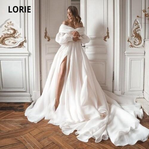 LORIE Princess Wedding Dresses Off the Shoulder Pleats Long Puff Sleeves Side Split Wedding Gowns Boho Bridal Dress 2021