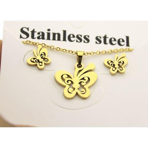 1 Set Flower Butterfly Stainless Steel Jewelry Set Charms Mariposa Necklace Earrings Jewellry Set Women Kids Girls Love Gifts