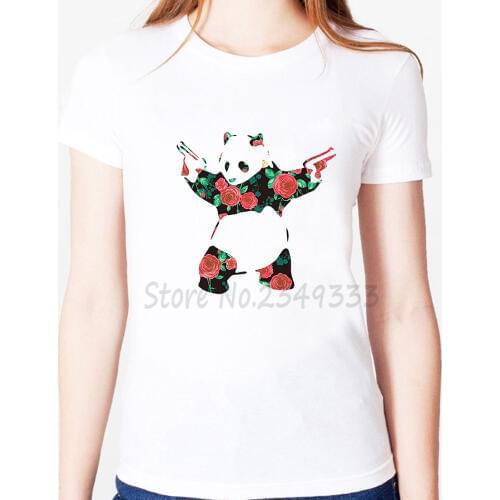 Floral panda with gun Print Women tshirt Modal Casual Loose Funny t shirts For Lady Top Tee Drop Ship SH-55