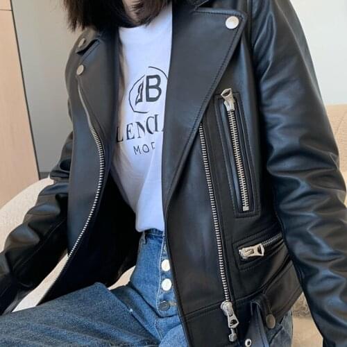 2021 Spring Leather Jacket Women Biker Short Slim Black Real Sheepskin Motorcycle Coat Korean Clothes Coats and Jackets WPY3402