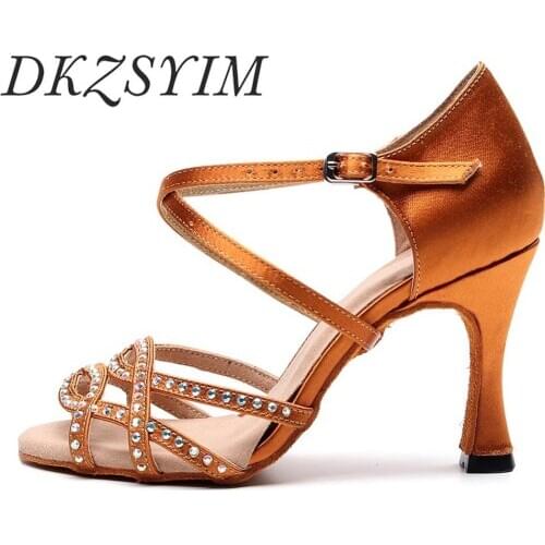 DKZSYIM Woman Latin Dance Shoes Brown Ballroom Tango Shoes Satin Shiny Rhinestone Salsa Soft Botton High Heels 6-10 CM Wholesale
