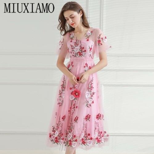 MIUXIMAO 2021 Summer Spring Fashion Runway Dress Womens Flare Sleeve Floral Embroidery Elegant Mesh Hollow Out Long Dresses