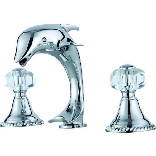 Free ship CHROME 3 Pcs WIDESPREAD LAVATORY BATHROOM SINK dolphin FAUCET mixer tap Crystal handles