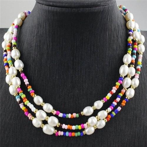 5pcs/lot Ranibow beads with pearl necklace,colorful small charm necklace,chic freshwater pearl combination jewelry