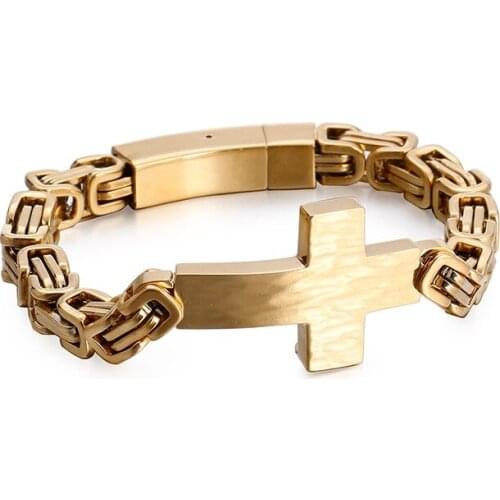 Classic Christian Cross Charm Bracelets For Men 21cm Stainless Steel Byzantine Chain Link Bracelet Armband Prayer Jewelry