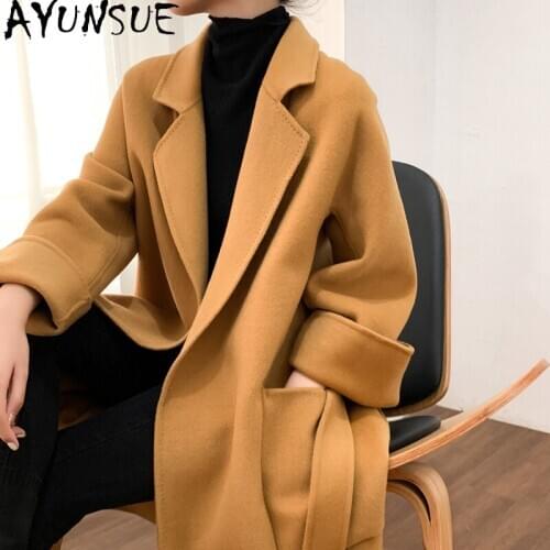 AYUNSUE Korean 100% Wool Coat Female Fashion Autumn Winter Jacket Slim Long Coats and Jackets Women Clothing High Quality KJ6458